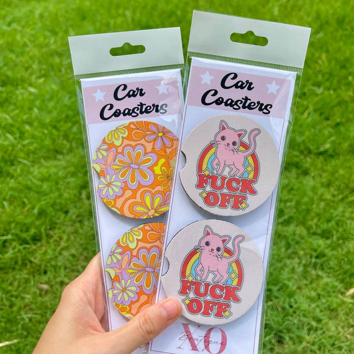 XO Wholesale – wholesale Car coaster – women's – Leave Her Wild Groovy Flowers F Off Kitty Car Coasters4