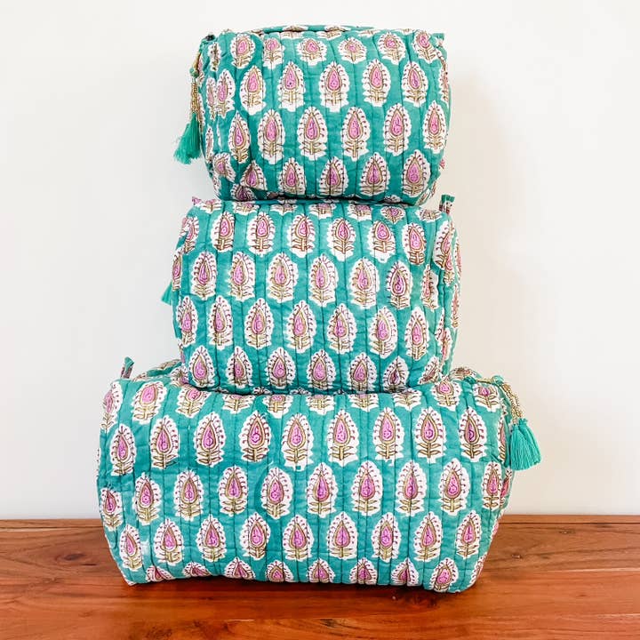 Cyan bloktrykspung (sæt af 3) for engroshandel hos Kalyana Textiles