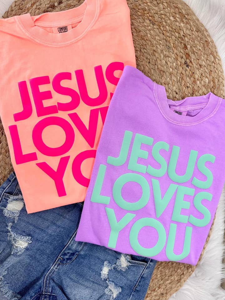 Dash Forward Wholesale - Wholesale Screen Printed T-Shirt - Women's - Jesus Loves You Simple Block Puff Tee