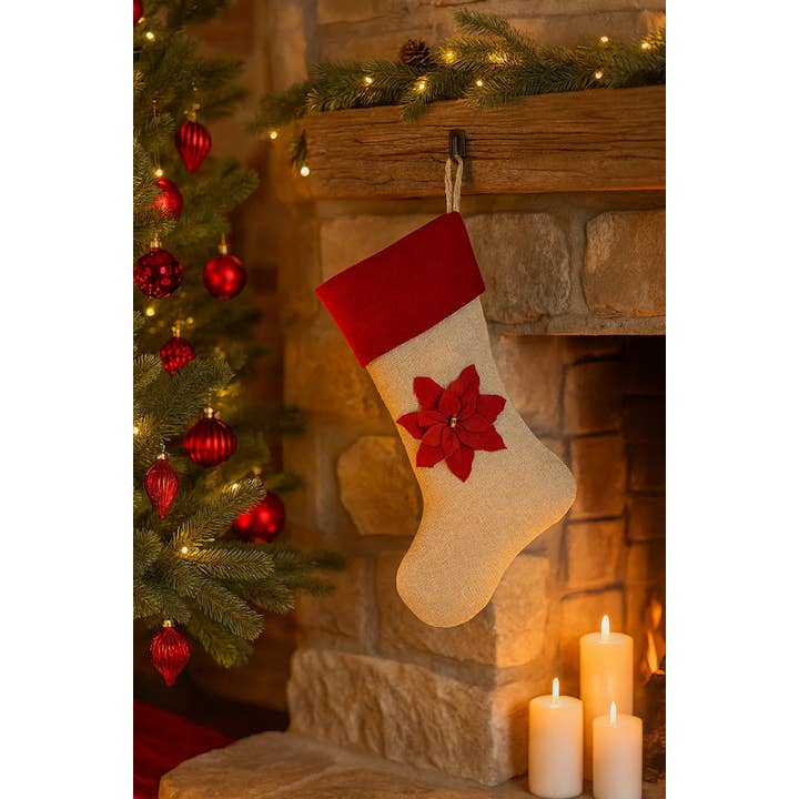 Red 3D Poinsettia Natural Holiday Stocking for wholesale by Fennco Styles