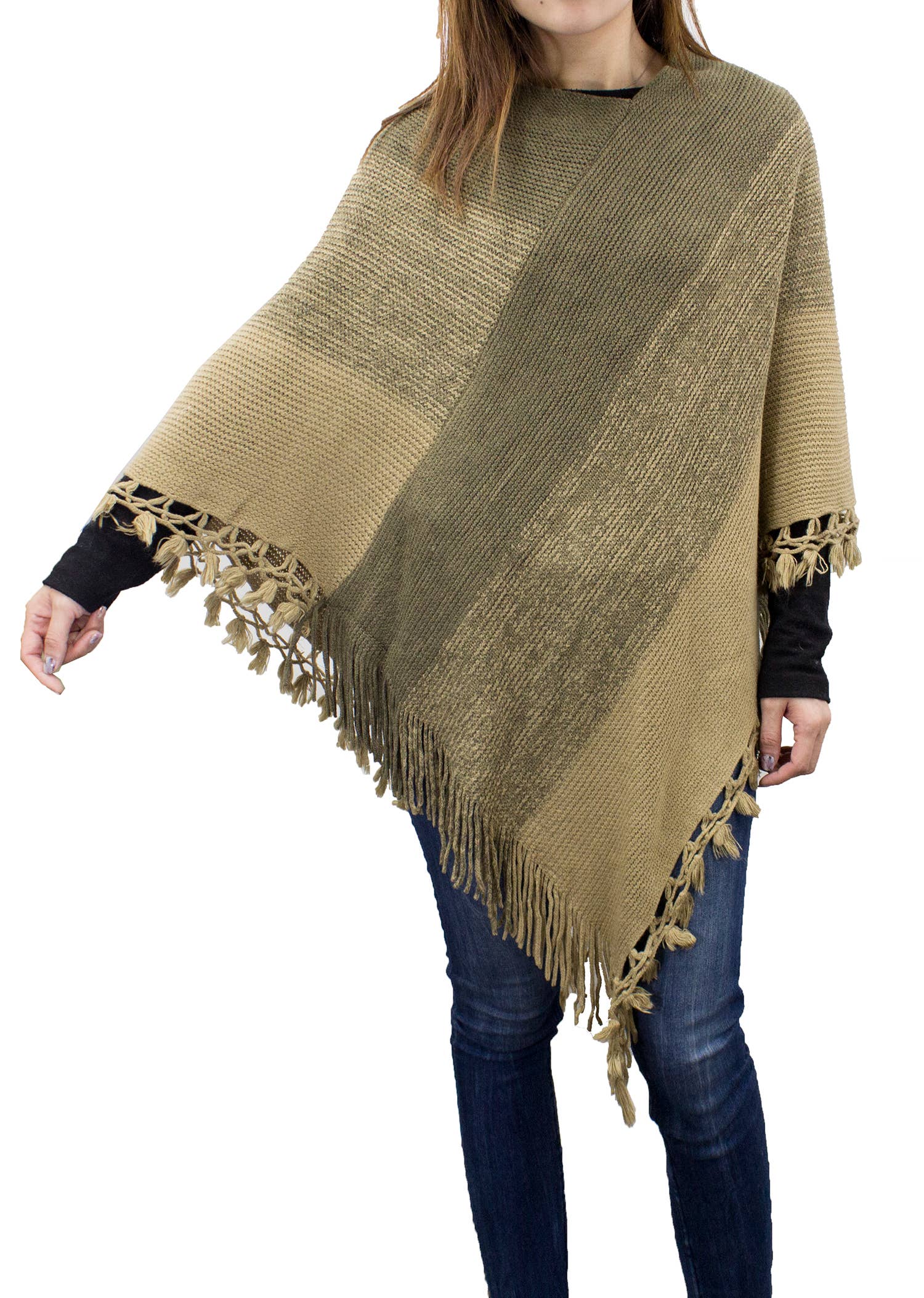 Fennco Styles - Venta al por mayor Poncho - Mujer - Suéter Poncho de Bloques de Color con Flecos10