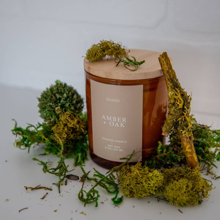 roote - Wholesale Jar/Filled Candle - Amber Oak Soy Wax Scented Candle White Tumbler Jar