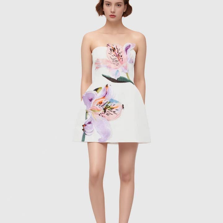 DR840Y Women’s Strapless Dress with 3D Floral Beaded Detail for wholesale by Productseeker