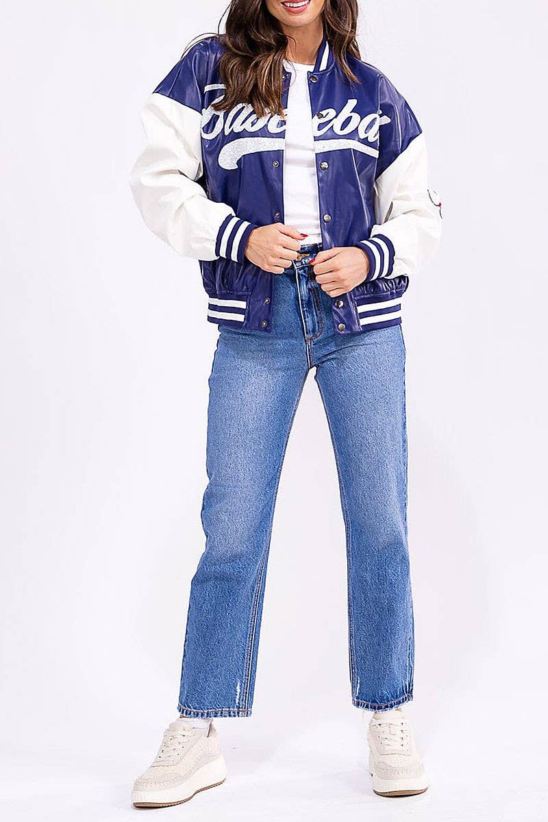 ROUSSEAU - Wholesale Varsity/Baseball Jacket - Women's - BUTTON FRONT POCKETS PU PLEATHER VARSITY JACKET2