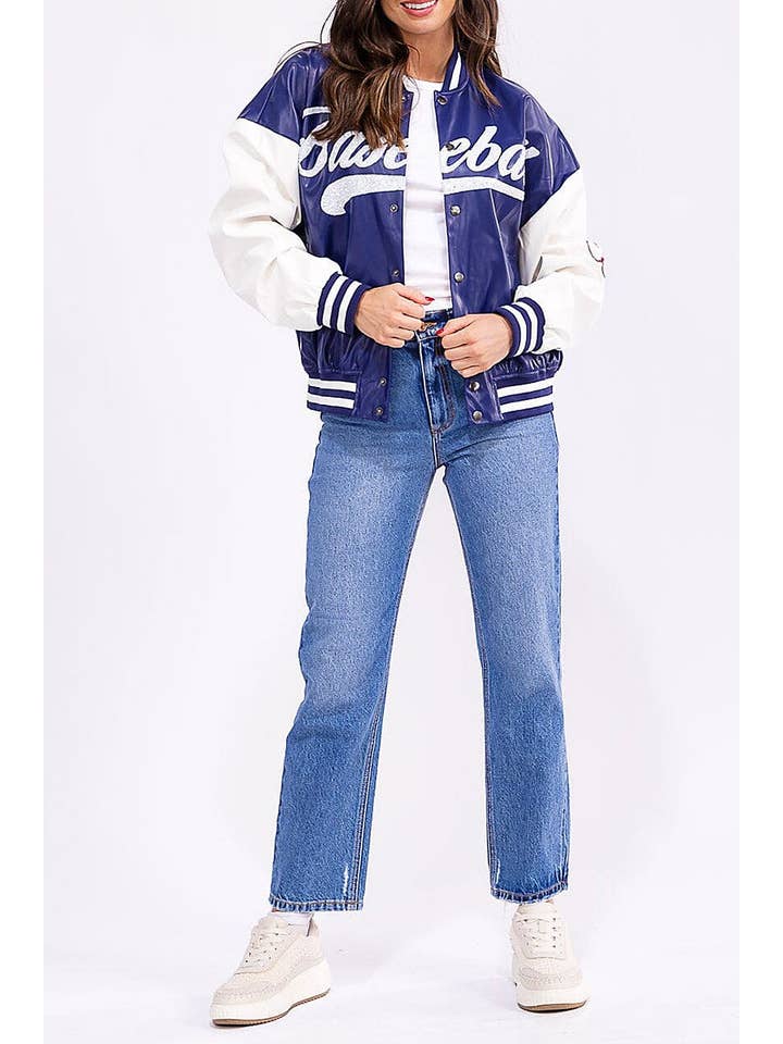 ROUSSEAU - Wholesale Varsity/Baseball Jacket - Women's - BUTTON FRONT POCKETS PU PLEATHER VARSITY JACKET2