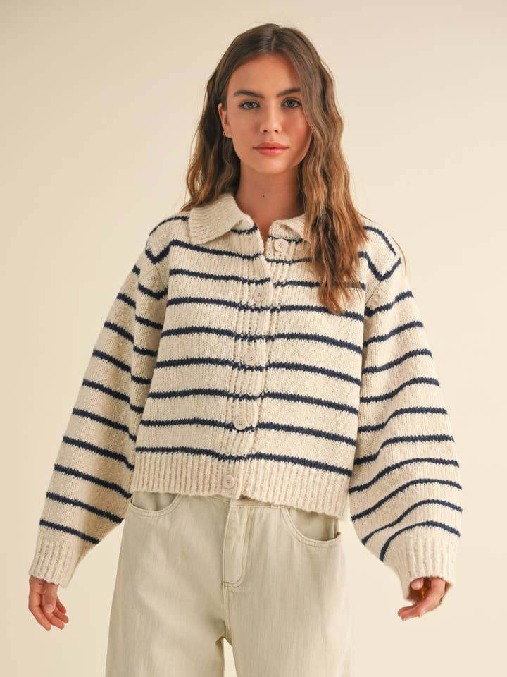 MIOU MUSE - Wholesale Cardigan - Women's - J3936 BUTTONDOWN STRIPED KNITTED CARDIGAN
