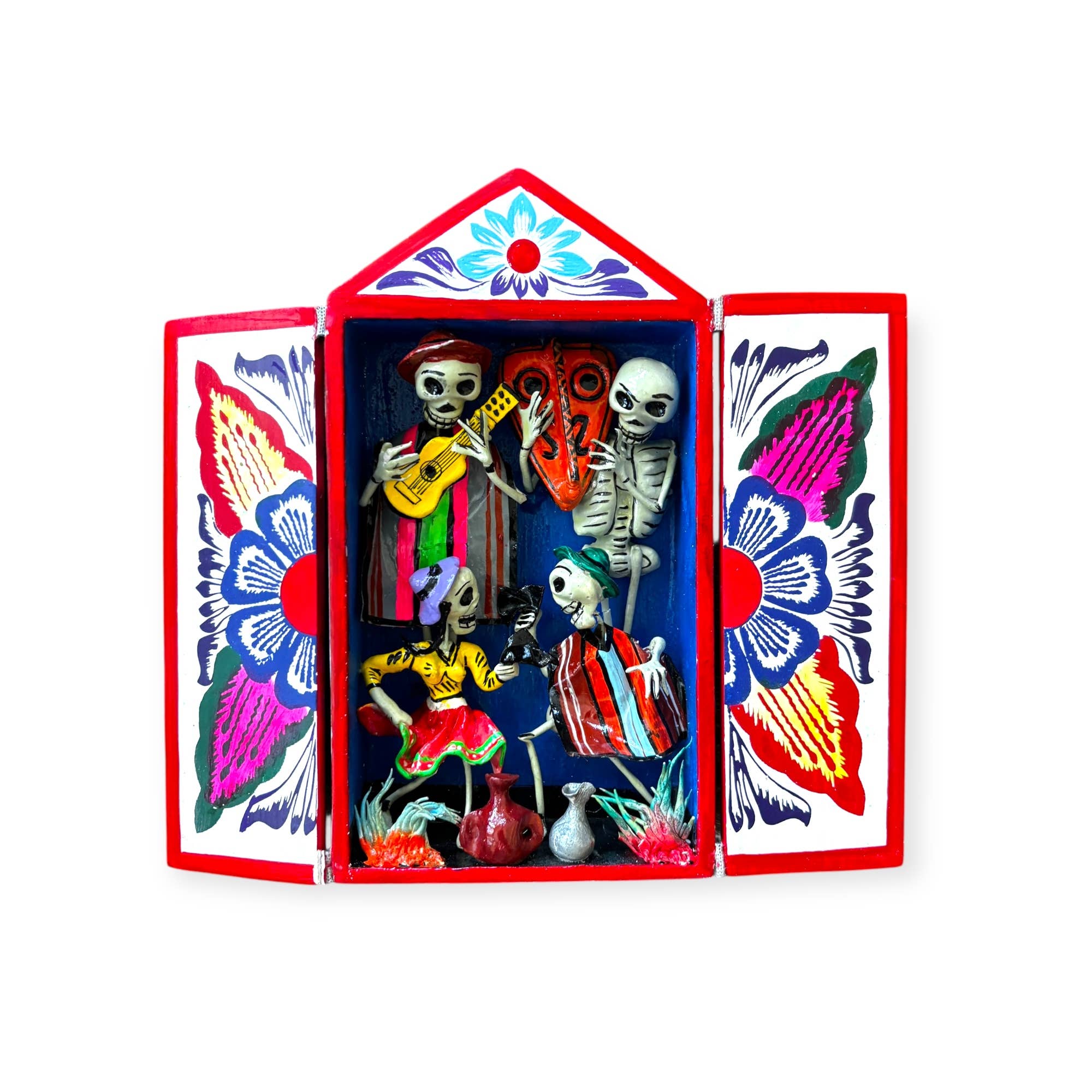 Zoe Artcrafts Corp. - Vendita all'ingrosso Statuette decorative - Retablos messicani artigianali per il Giorno dei Morti, Altare con scheletri3