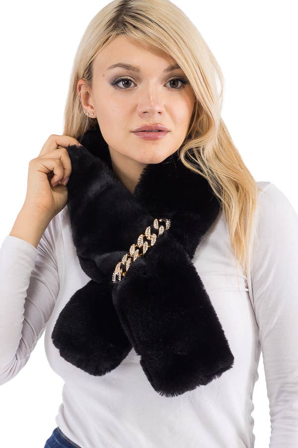 Cap Zone - Vendita all'ingrosso Sciarpa - Donna - Sciarpa a stola oblunga in pelliccia sintetica morbida con decorazione a catena cubana3