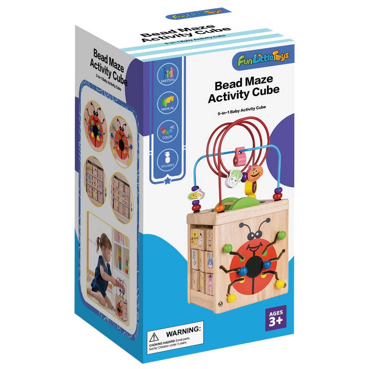 Fun Little Toys - Wholesale Wood Toy - Kids - Wooden Activity Cube Classic Bead Maze Toy Educational Learn