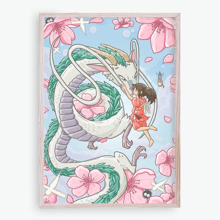 Sarah May Arts - Wholesale Art Print - Spirit Dragon Print | Fine Line Anime Floral Art