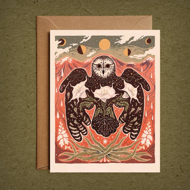 Moonflower Owl– Blank Greeting Card Nature Illustration for wholesale by Pine Bones