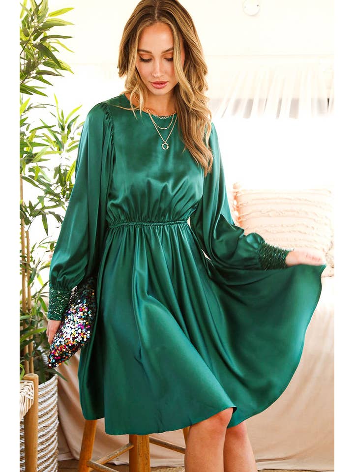 Vine & Love - Wholesale Dress - Women's - Sequin Detail Swing Satin Knee Dress VD8128514