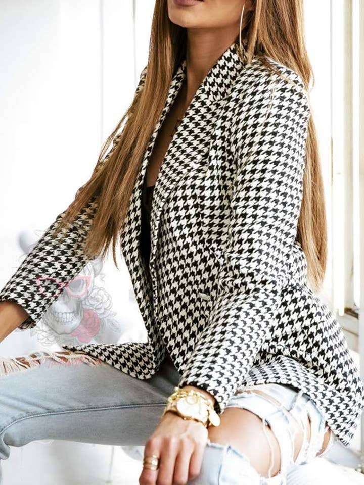 BLACK houndstooth flap detail double breasted blazer for wholesale on Faire1