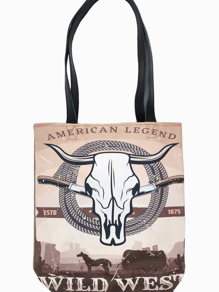 Borsa da tenda militare riciclata Longhorn Wild West per la vendita all'ingrosso da parte di Vintage Addiction