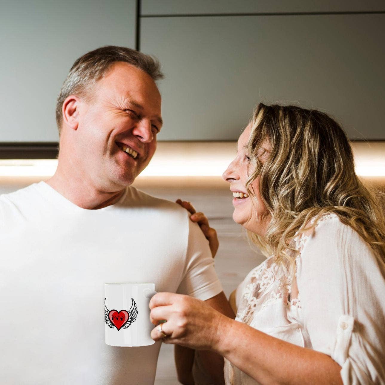 3dRose - Wholesale Coffee Mug - 3dRose, Mom in tattoo lettering inside a red heart with angel wings., Mug10