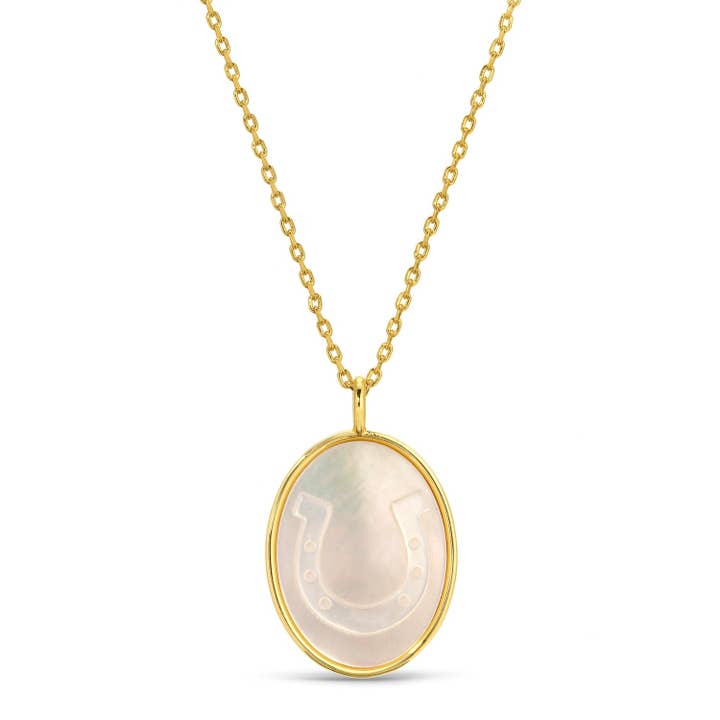 Horseshoe Etched Shell Oval Pendant Necklace for wholesale by Splendid Iris