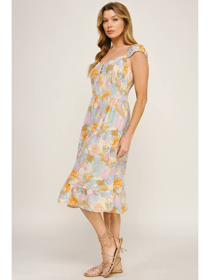 IVPEM ANTIKES ROSENBEDRUCKTES MIDIKLEID MIT ELASTISCHEN ÄRMELN für den Großhandel auf Faire3