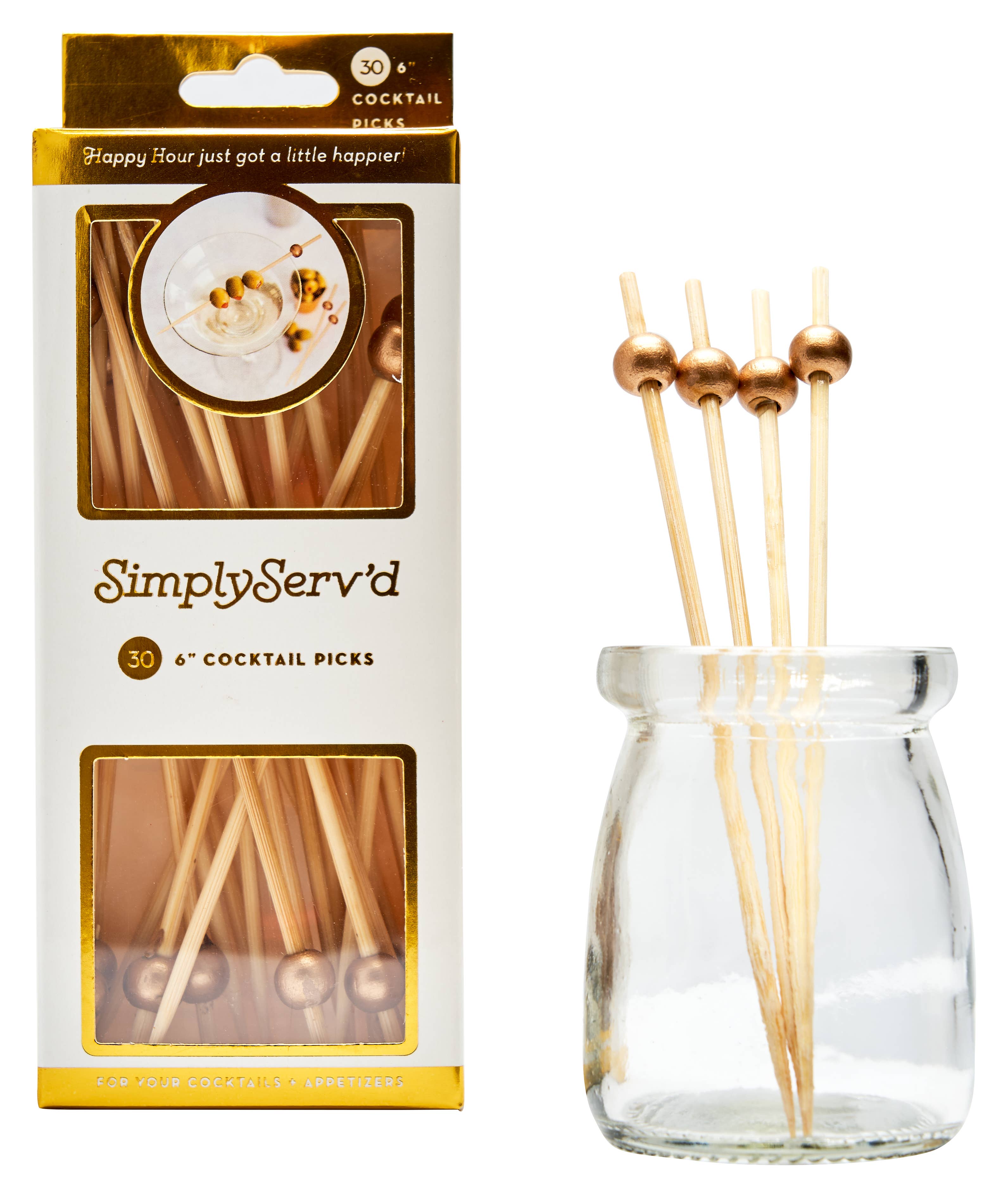 Sophistiplate - Wholesale Cocktail pick - Party Pick Fancy Bamboo Toothpick Large 6" Gold Ball 30pk