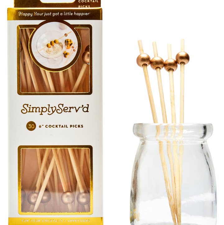 Party Pick Fancy Bamboo Toothpick Large 6" Gold Ball 30pk for wholesale by Sophistiplate