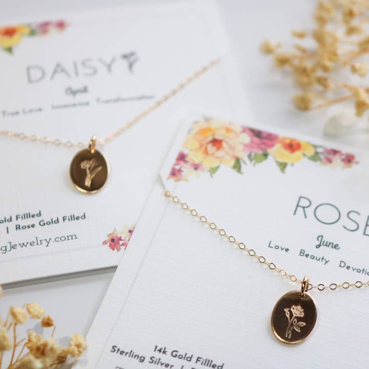 Sampler Set of 12 Birth Flower Oval Necklaces with Display for wholesale by Tickle Bug Jewelry