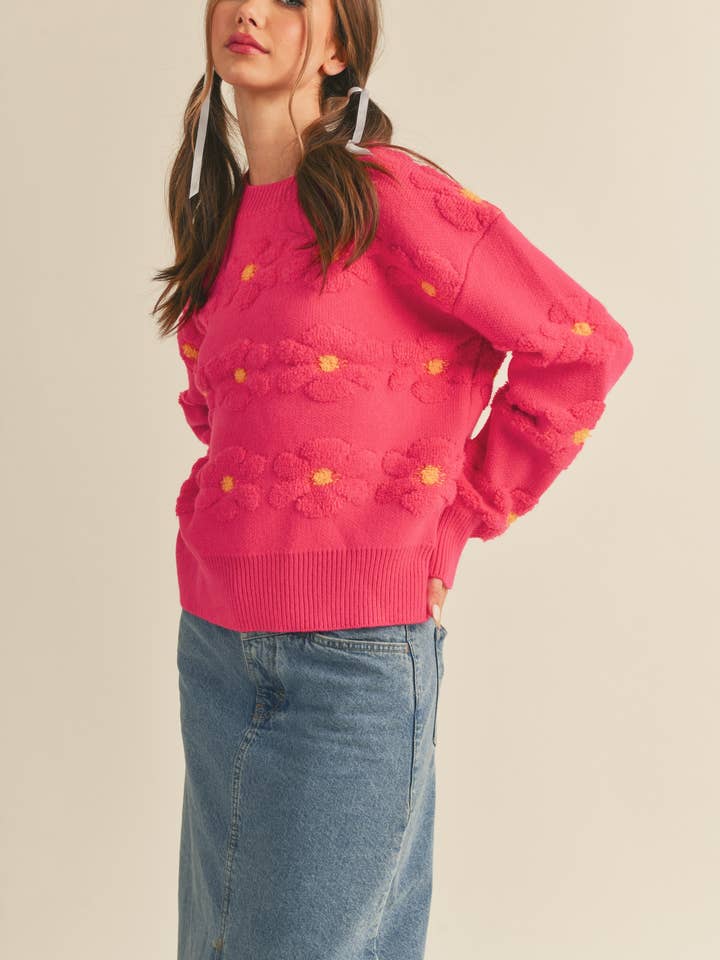 PINK YELLOW SHERPA FLORAL STRIPE SWEATER MSW10279 for wholesale on Faire1