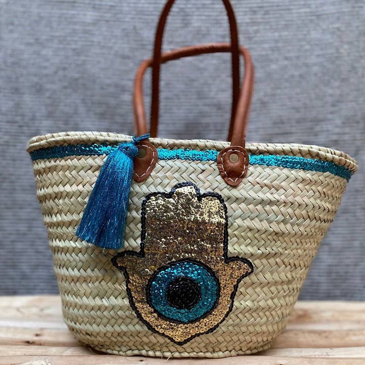 French basket tote bag with khmissa & evil eye sequins for wholesale by MARRAKECH METACRAFT LTD