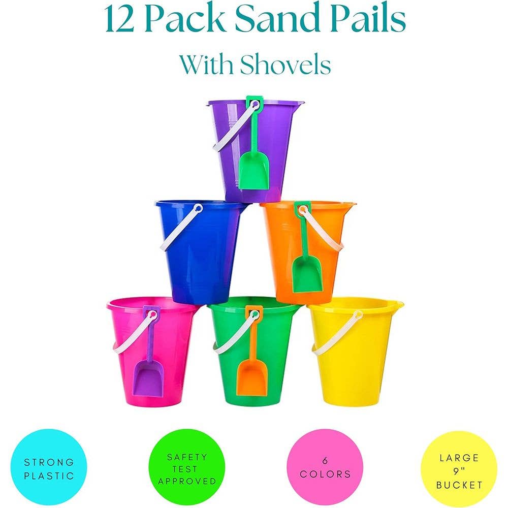 4E's Novelty - Wholesale Beach/Pool Toy - Kids & Baby - 9" Large Sand Bucket with Shovel [12 Pack Bulk] Beach Buckets - Beach Toys for Kids & Toddlers, Party Favors by 4E's Novelty4