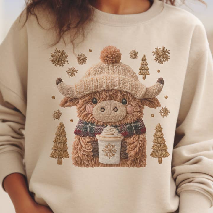 Winter Highland Cow Coffee Crochet Knit Print Sweatshirt for wholesale by Par.tees by Party On!