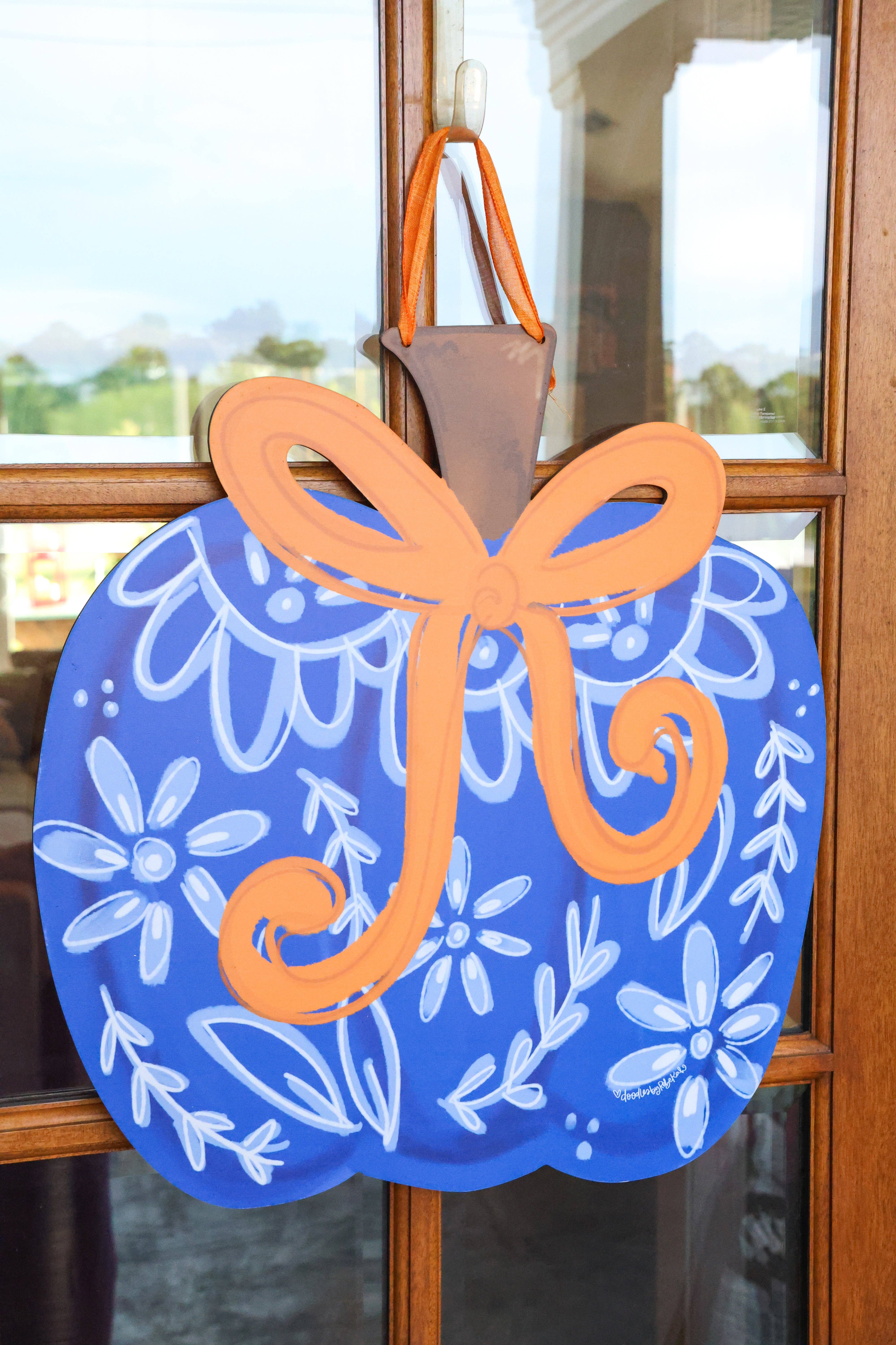 Doodles By Rebekah - Wholesale Door Hanger - Blue Chinoiserie with Bow Pumpkin Doorhanger1