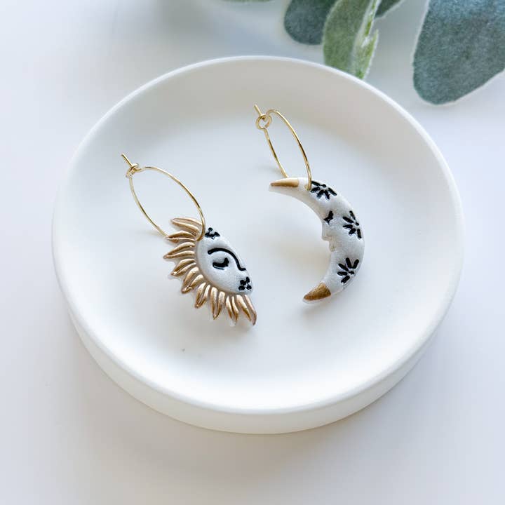 Lotus of clay - Wholesale Dangle Earrings - Sun and moon asymmetrical hoop earrings, clay hoop earrings 0