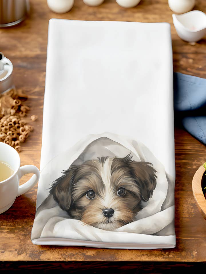 Simon - Leuke puppy in deken - unieke theedoek voor honden voor wholesale door Homemade Hollydays Wholesale