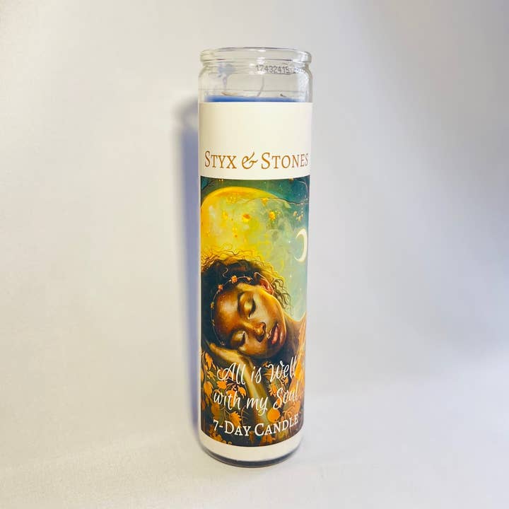 Calming Harmony Dressed 7 Day Prayer Saint Candle for wholesale by Styx & Stones LLC