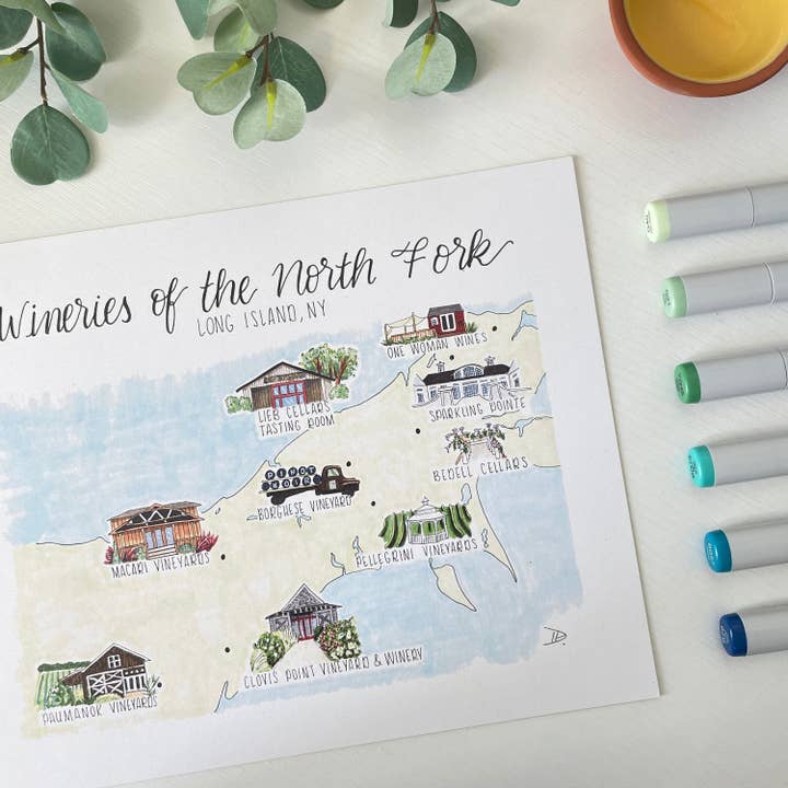 Wineries of the North Fork, Long Island, NY | Recycled Cardstock Print for wholesale by D. Prince Designs