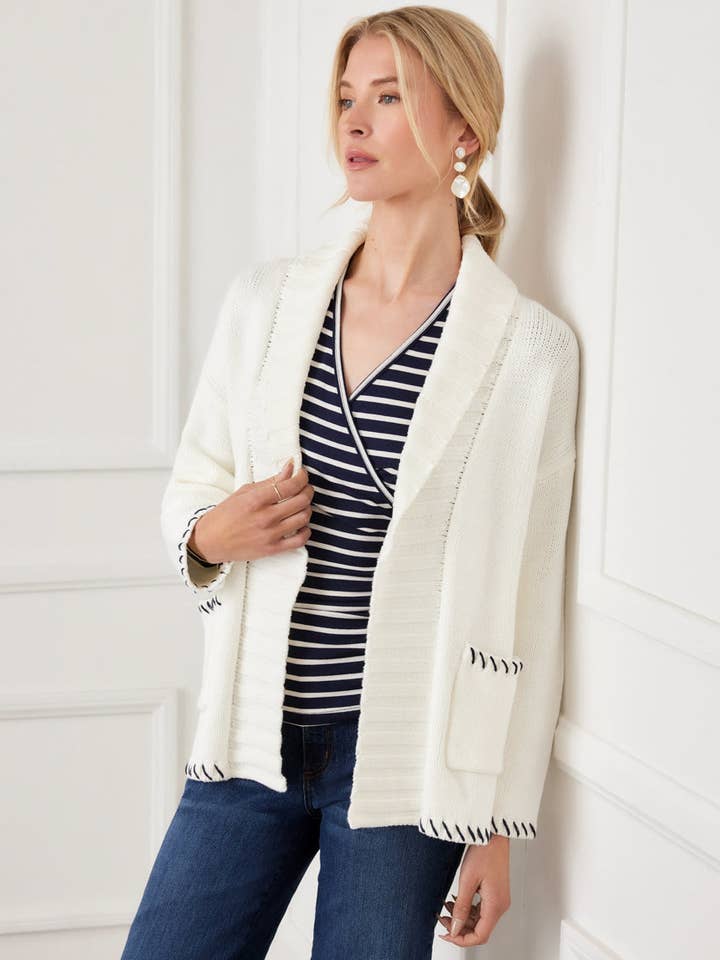 Contrast Stitch Open Front Cardigan Sweater for wholesale by Karen Kane