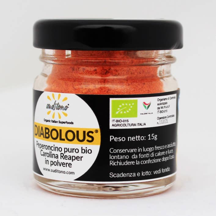DIABOLOUS CAROLINA REAPER. Peperoncino puro bio in polvere per la vendita all'ingrosso da parte di SAN PIO X Soc. Agr. S. dal 1708