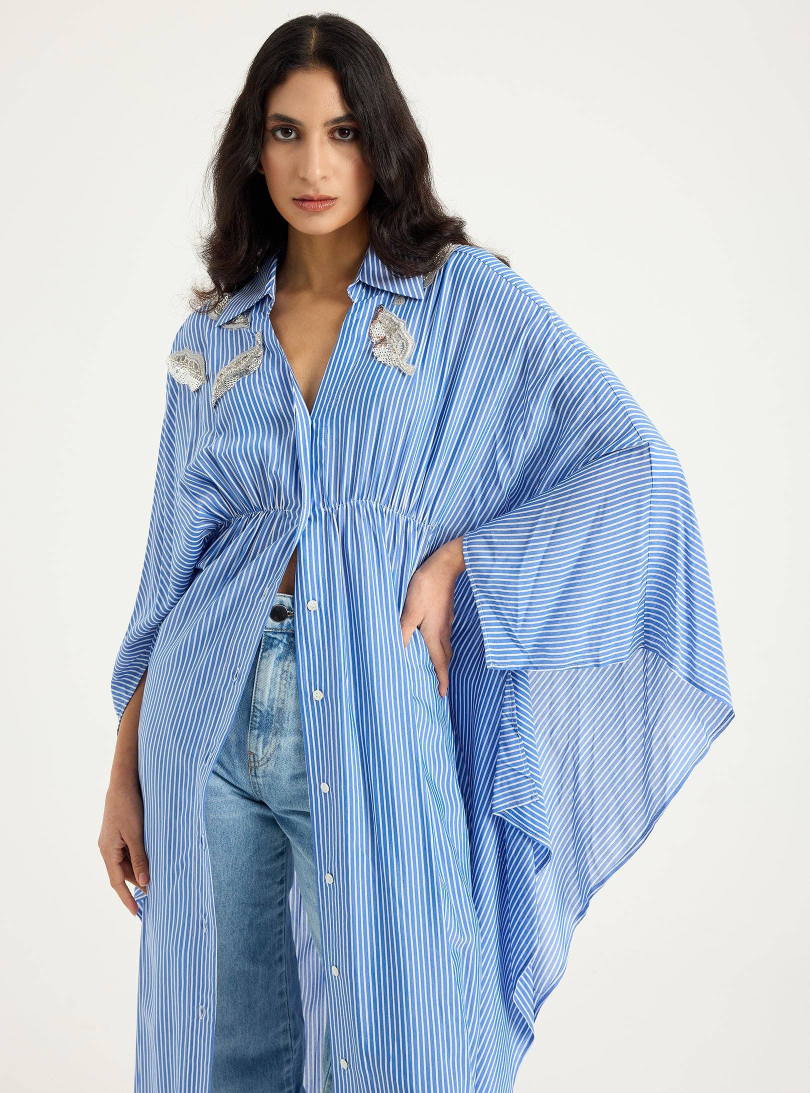 Store WF – wholesale Kaftan – Women's – Striped Silver Embellishment Kaftan Dress6