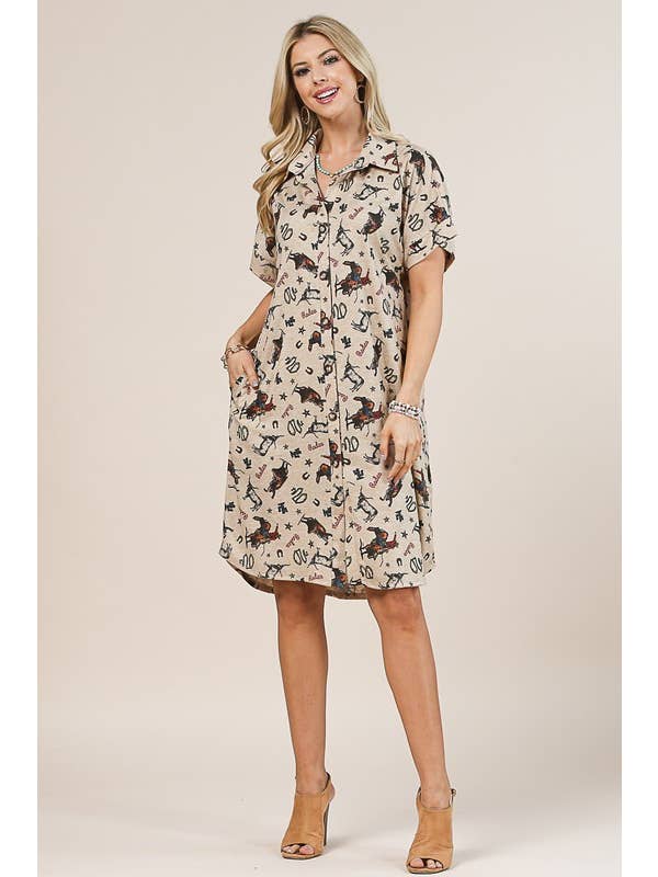 CAMEL AV1246-ANNIE COWBOY PRINT RELAXED BUTTON DOWN DRESS for wholesale on Faire