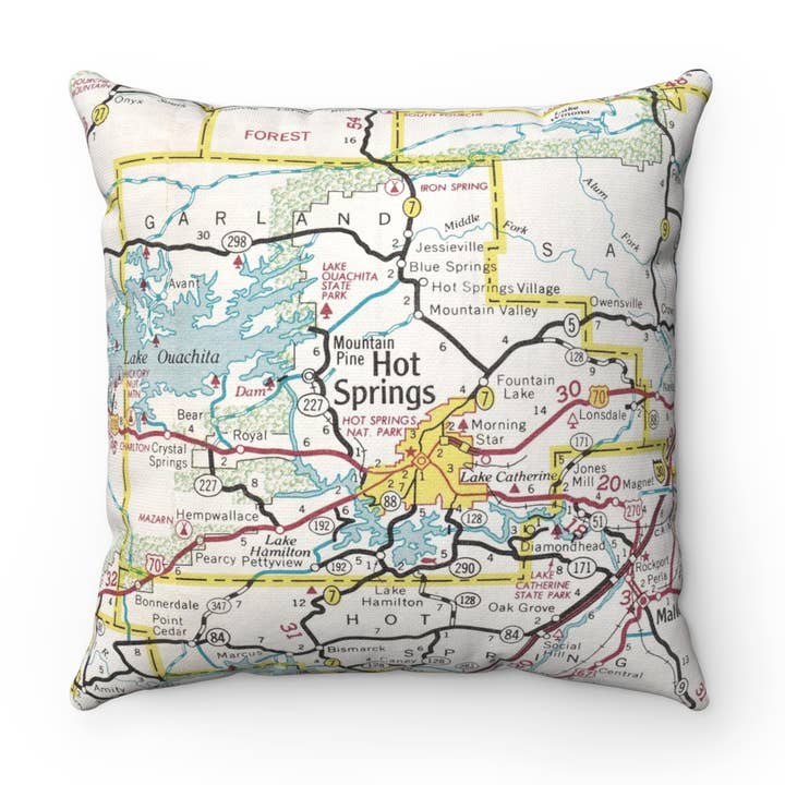 Hot Springs Arkansas Map Pillow – 18" Square Throw Pillow for wholesale by Daisy Mae Designs
