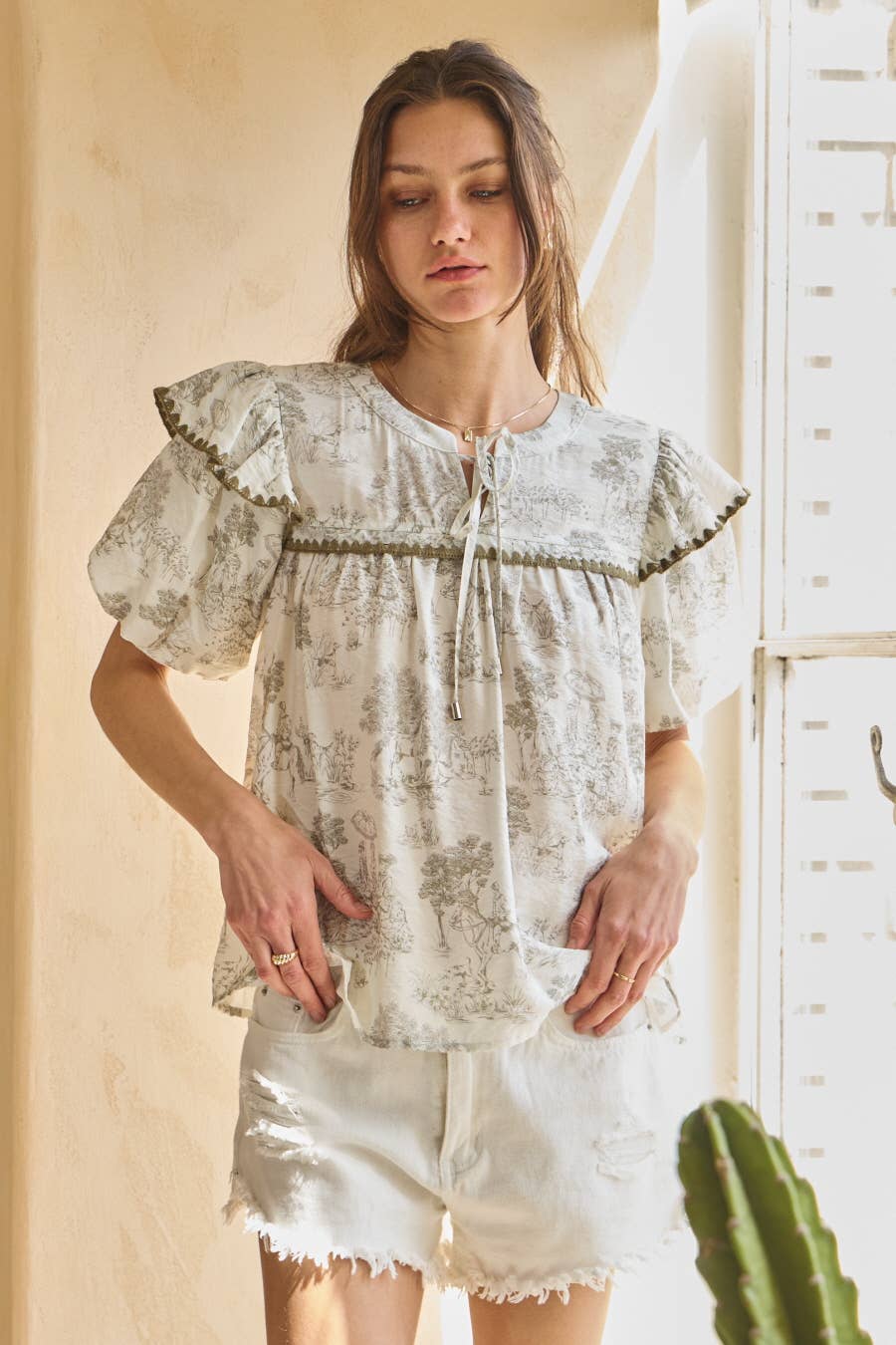 Gris Multi Blusa con Mangas Abullonadas Estampada Toi De Paris de venta al por mayor en Faire2