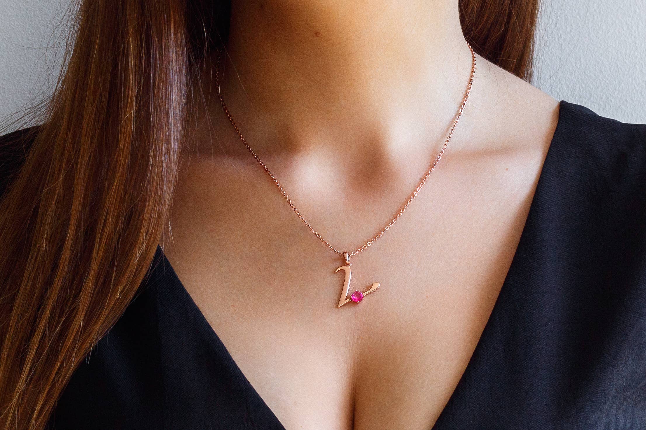 Thesoftcheek Jewelry - Wholesale Pendant/Charm Necklace - Initial Letter Necklace Silver Rose Gold Vermeil- Pink Topaz22