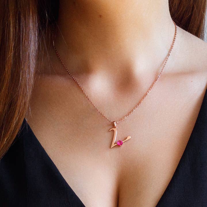 Thesoftcheek Jewelry - Wholesale Pendant/Charm Necklace - Initial Letter Necklace Silver Rose Gold Vermeil- Pink Topaz22