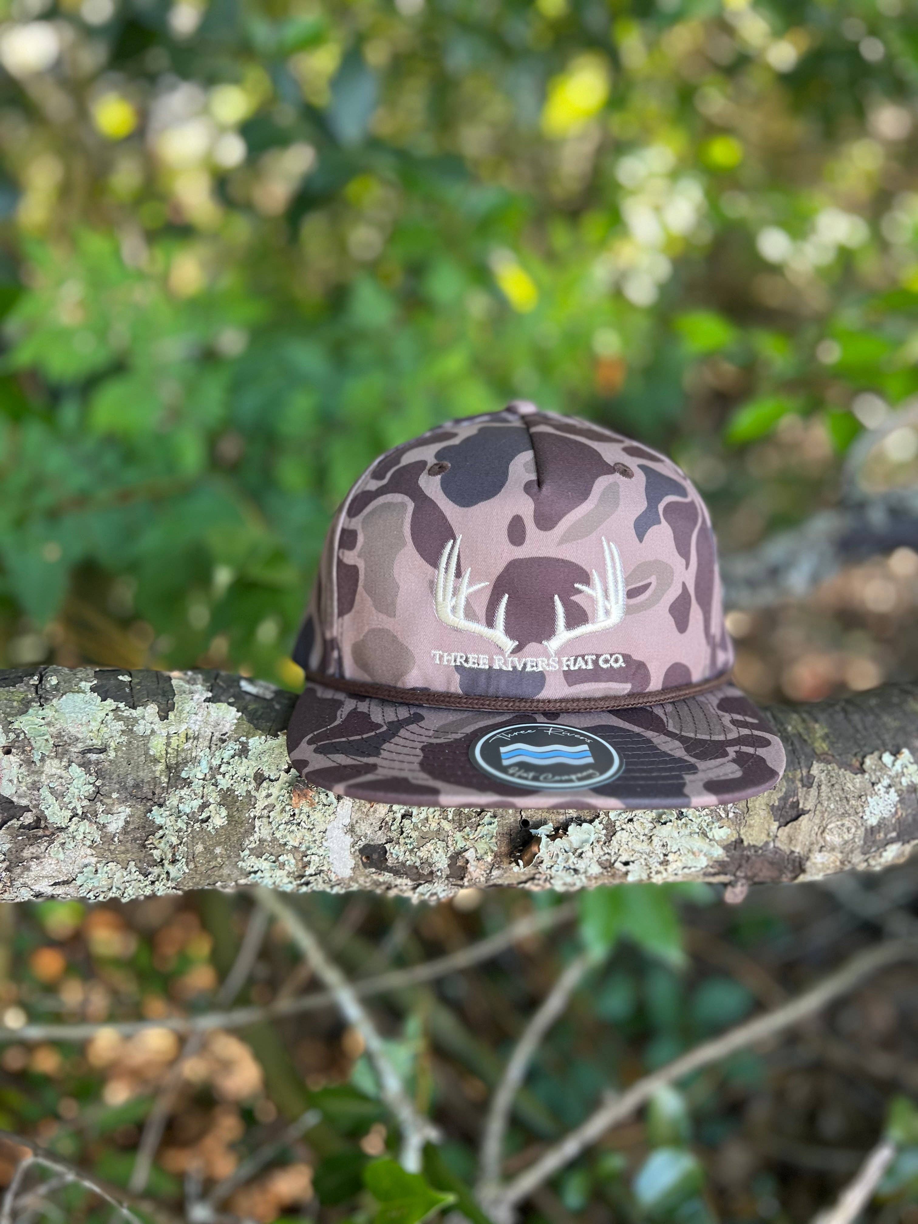 Three Rivers Hat Co. - Wholesale Flat Brim Cap - Unisex - Classic Whitetail Rack - Rope Snapback - Richardson 256p0