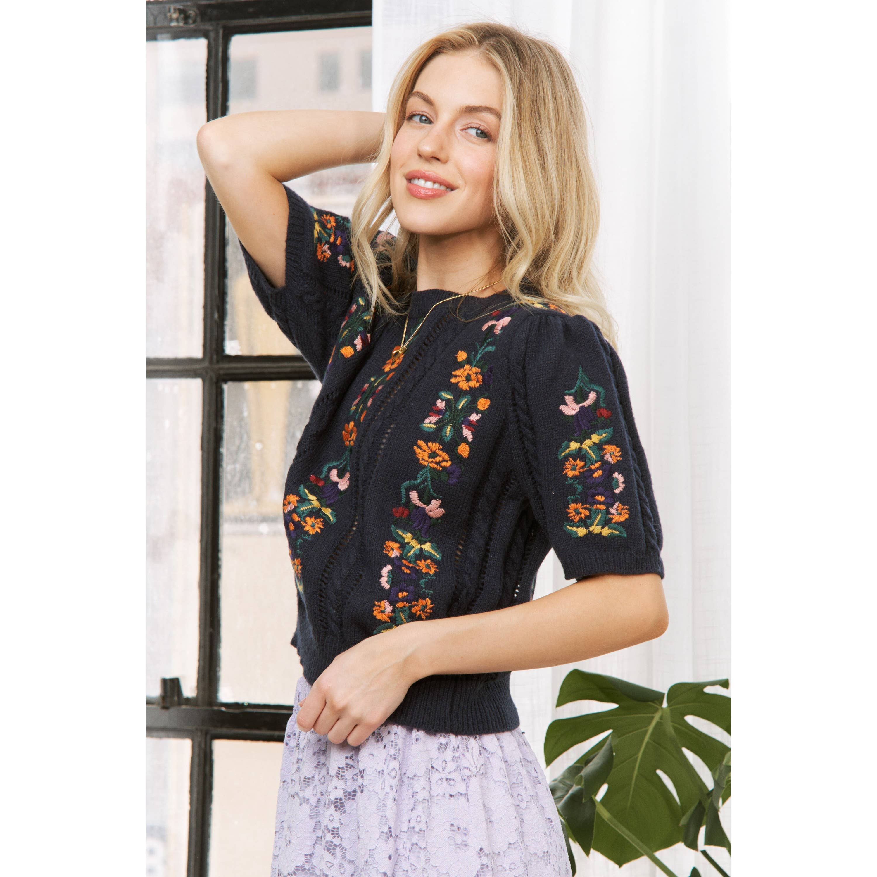 Sweet Generis - Wholesale Knit Sweater - Women's - CUTE FLORAL EMBROIDERY CASUAL PULLOVER SWEATER30