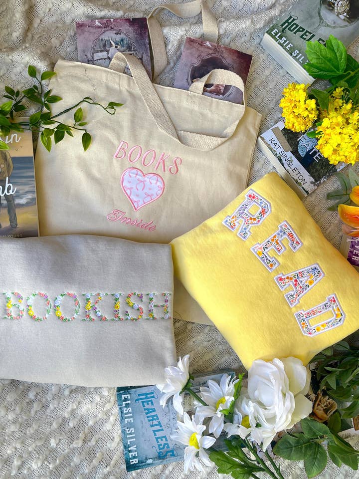 Threaded By Sabrina - Wholesale Graphic Sweatshirt - Women's - Bookish Floral Spring Embroidered Sweatshirt / Book Sweashir1