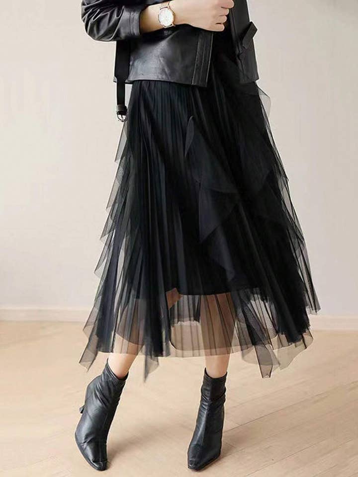 Fashion Combination - Wholesale Skirt - Women's - ruffle hem pleated tulle midi skirt