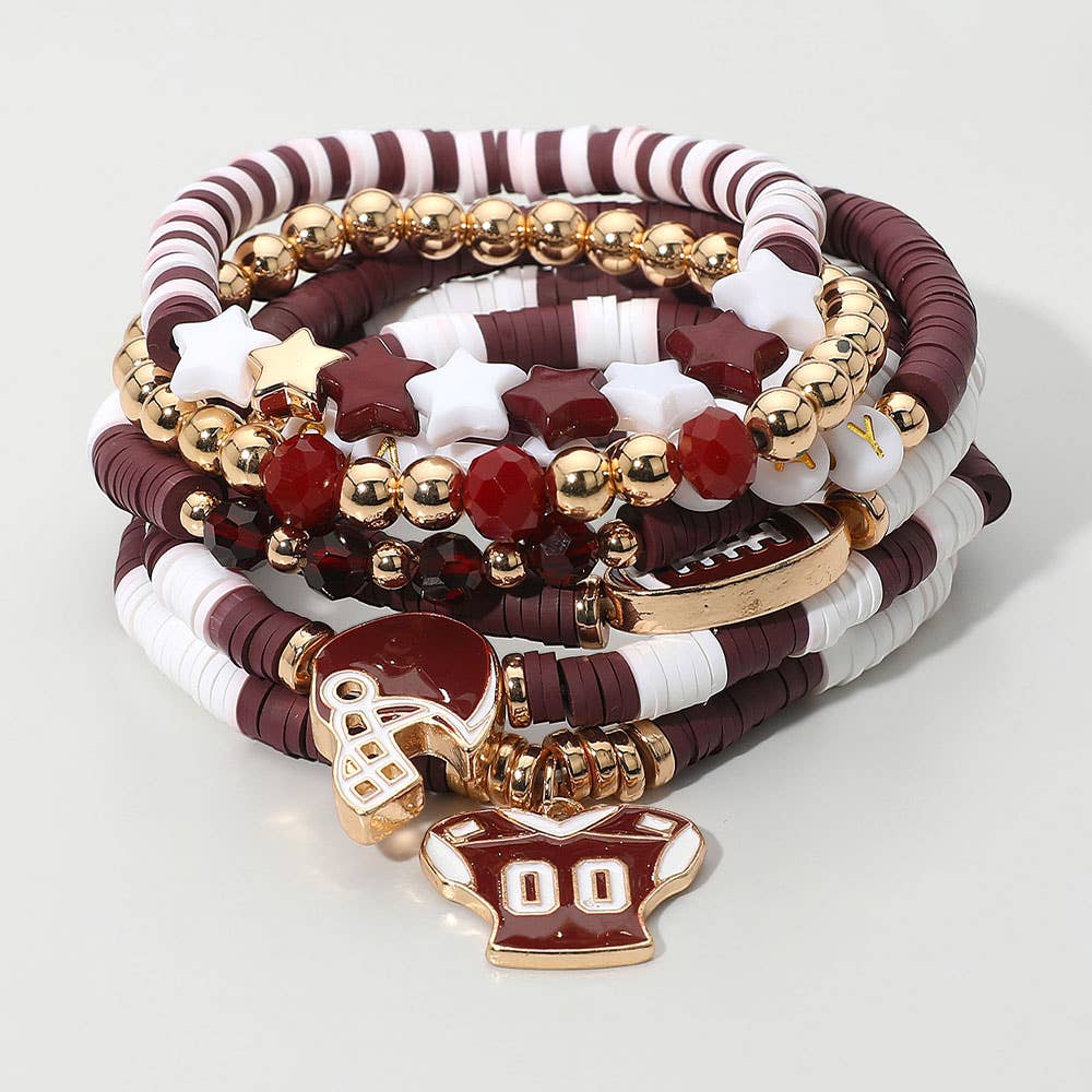 Sensibling Corp. - Wholesale Jewelry Set - 7PCS - Football Charm Star GAME DAY Message Heishi Beaded Stretch Multi Layered Bracelets2
