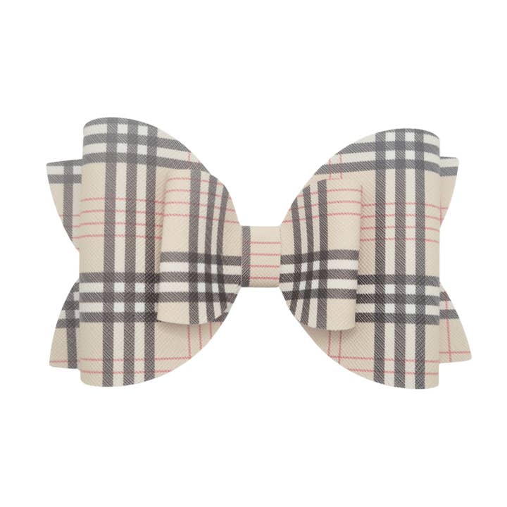 Beige Plaid Leather Hair Bow for wholesale by Kofi Kreations