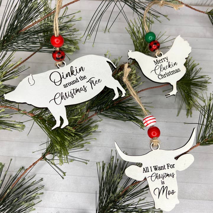 Lauren's Custom Creations - Wholesale Ornament - Farm Animal Christmas Ornaments - Cow, Pig, Chicken2