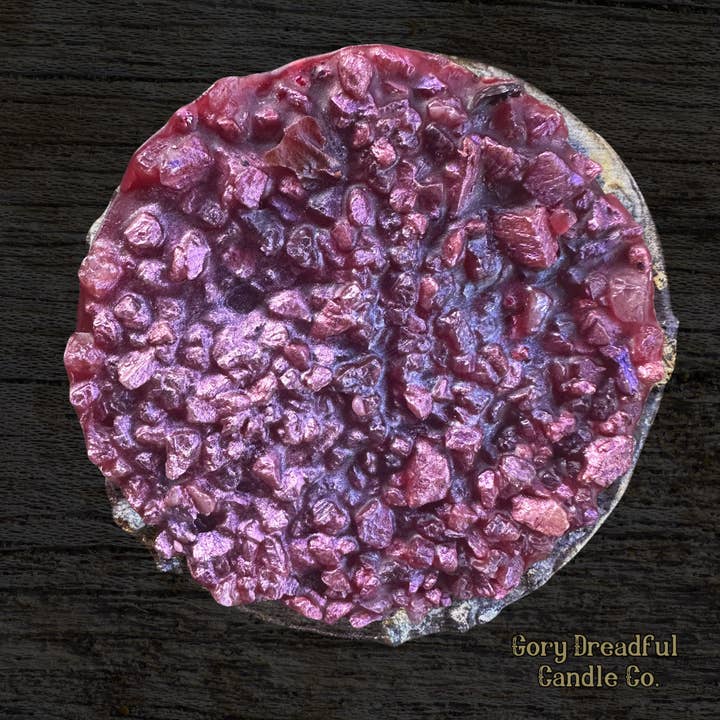 PEACH PLUNDER Wax Melt Druzy: Brandied Peach & Leather Scent for wholesale by Gory Dreadful Candle Co