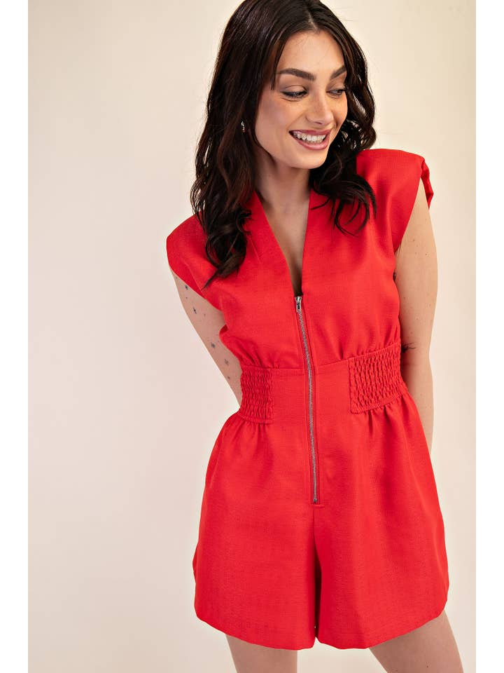 Glam - Wholesale Romper - Women's - V-Neck Shoulder Padded Romper